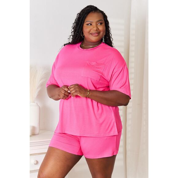 BASIC BASE Hot Pink Two Piece Soft Rayon Half Sleeve Top Shorts Set Casual NEW - Picture 1 of 9